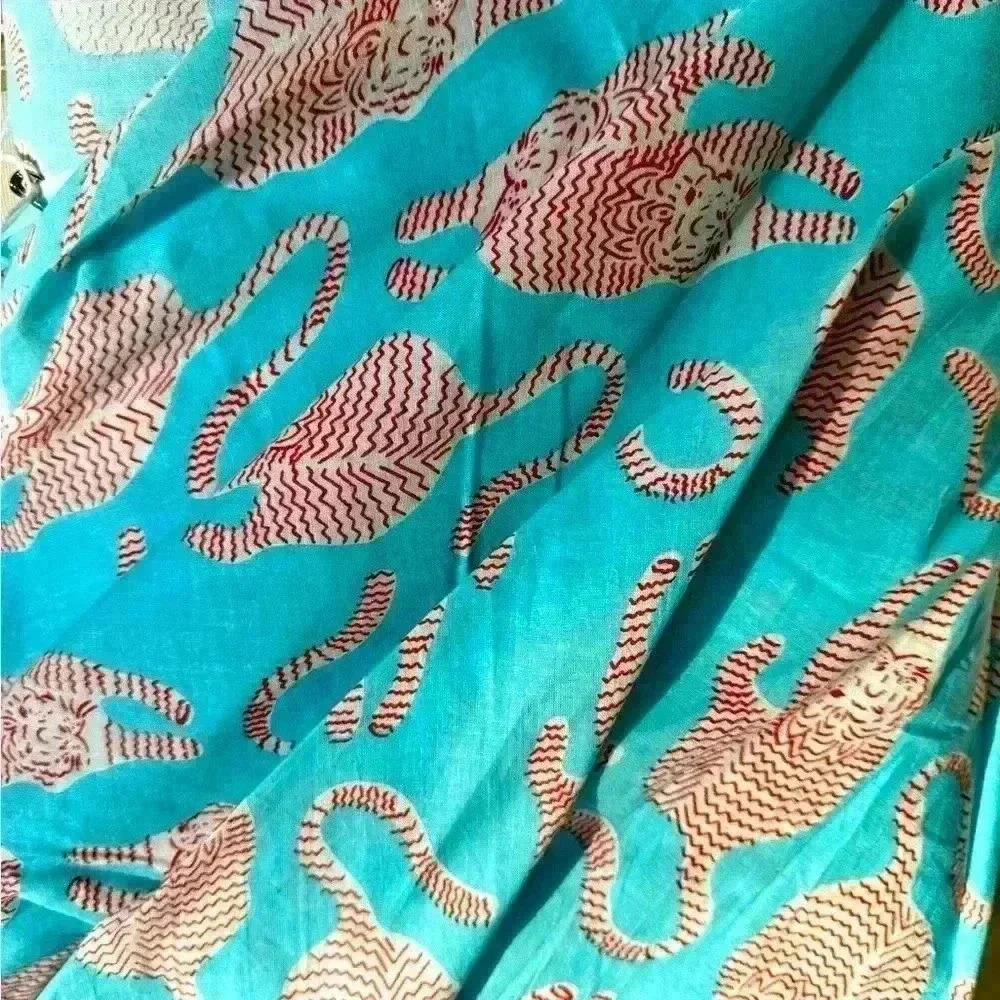 Teal Tiger Fabric Sold by the Yard- Cotton Fabric- Hand Blocked Print NWT NEW‎